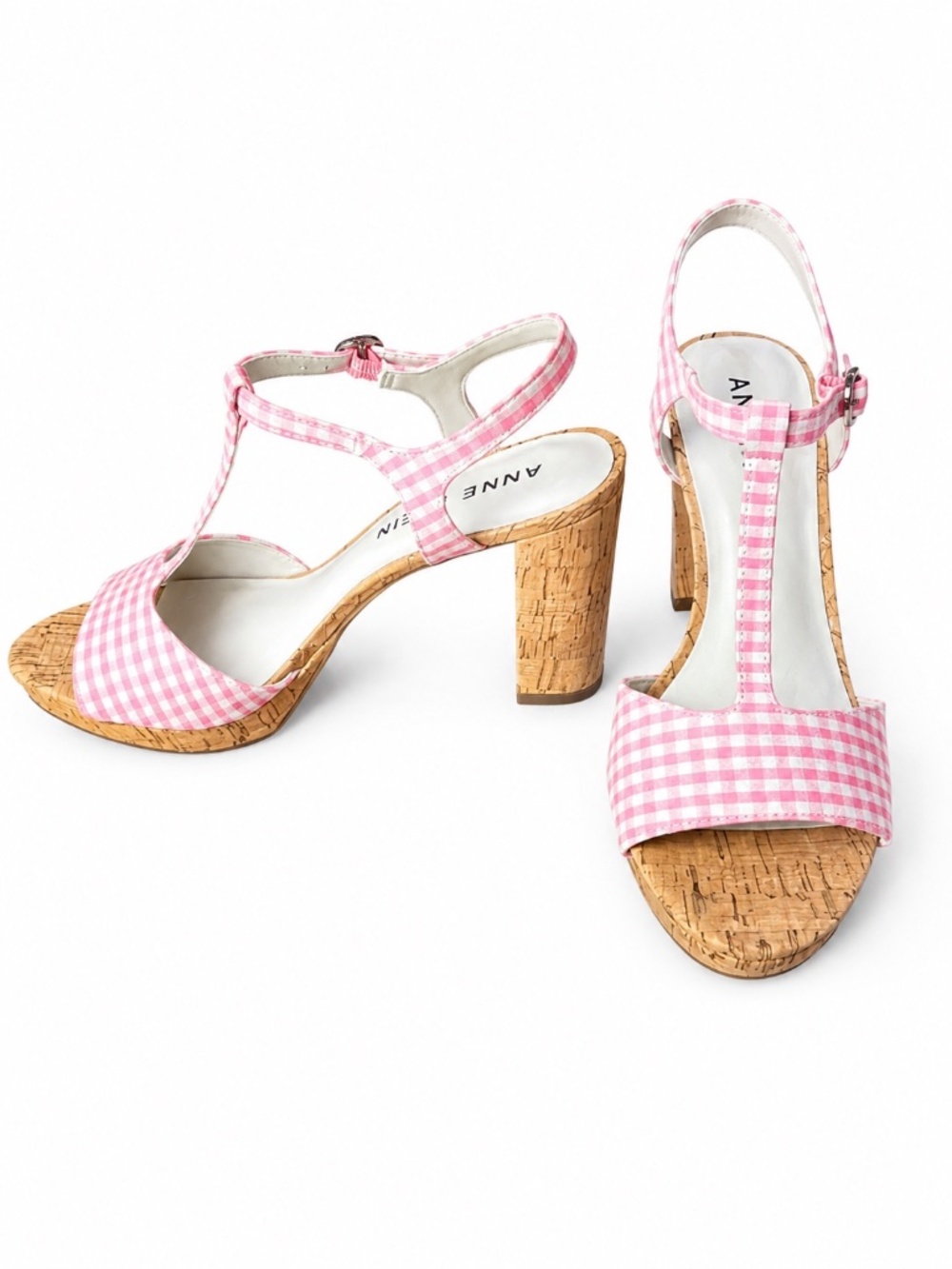 Anne Klein Pink Gingham Cork Platform T-Strap Block Heel Sandals Size 7.5 - Picture 4 of 9